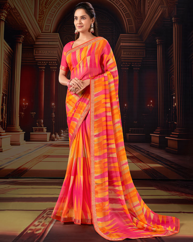 Vishal Prints Red Pink Printed Moss Chiffon Saree With Fancy Border