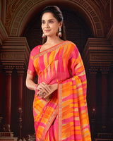 Vishal Prints Red Pink Printed Moss Chiffon Saree With Fancy Border