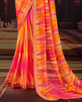 Vishal Prints Red Pink Printed Moss Chiffon Saree With Fancy Border
