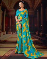 Vishal Prints Dark Turquoise Blue Printed Moss Chiffon Saree With Fancy Border