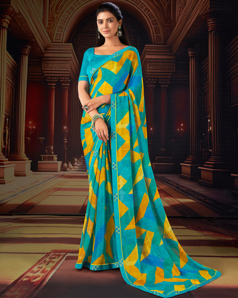 Vishal Prints Dark Turquoise Blue Printed Moss Chiffon Saree With Fancy Border