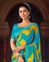 Vishal Prints Dark Turquoise Blue Printed Moss Chiffon Saree With Fancy Border