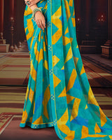 Vishal Prints Dark Turquoise Blue Printed Moss Chiffon Saree With Fancy Border