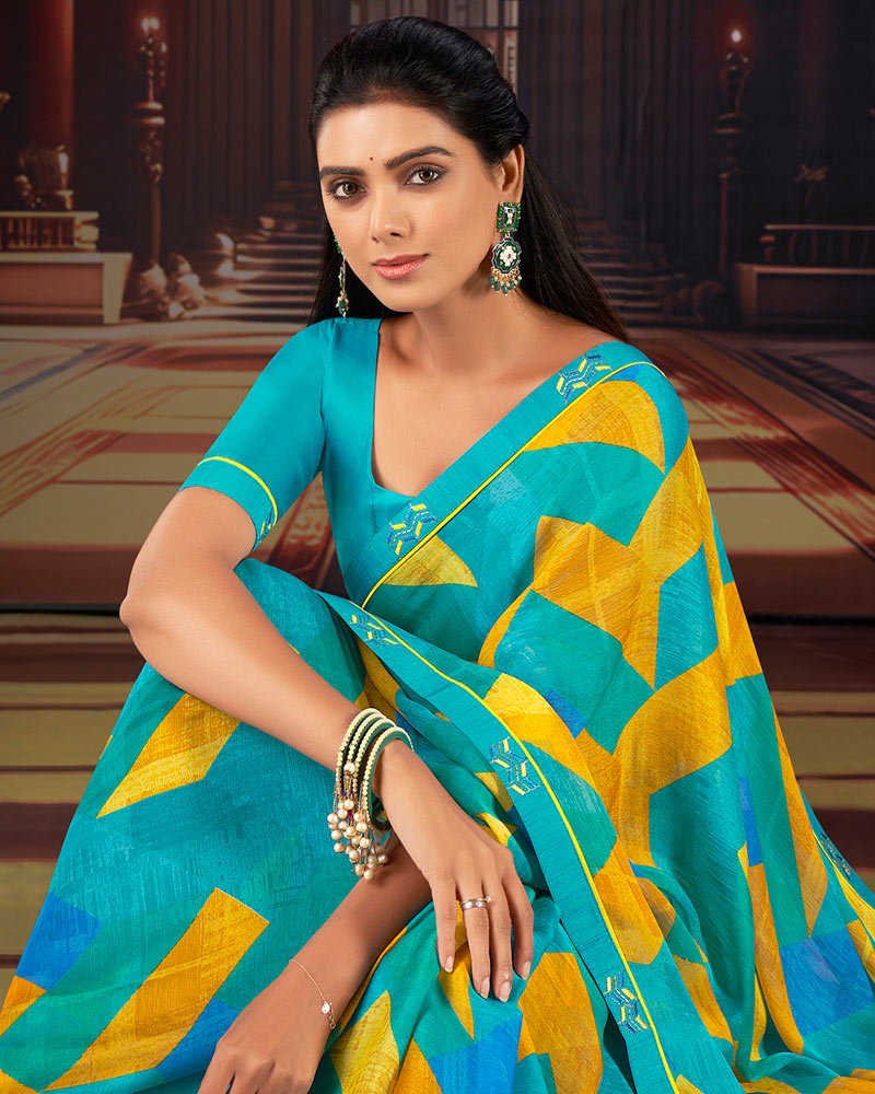 Vishal Prints Dark Turquoise Blue Printed Moss Chiffon Saree With Fancy Border