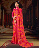 Vishal Prints Red Pink Printed Moss Chiffon Saree With Fancy Border