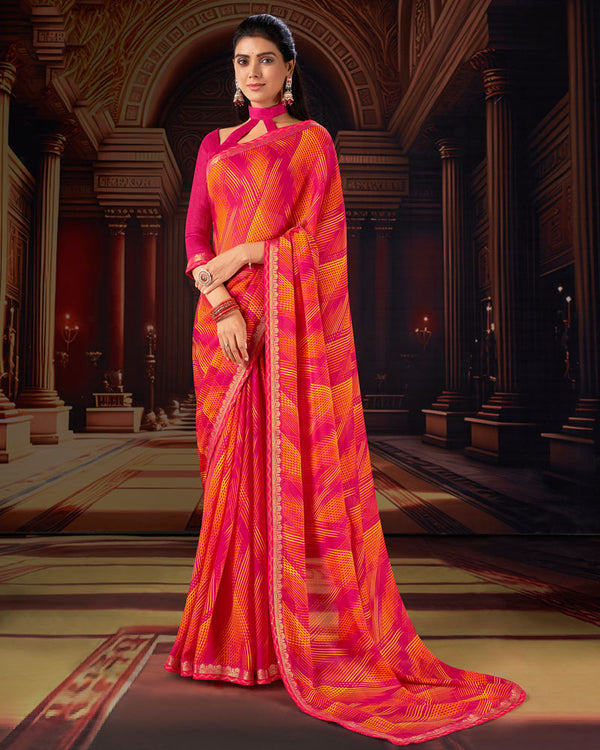 Vishal Prints Red Pink Printed Moss Chiffon Saree With Fancy Border