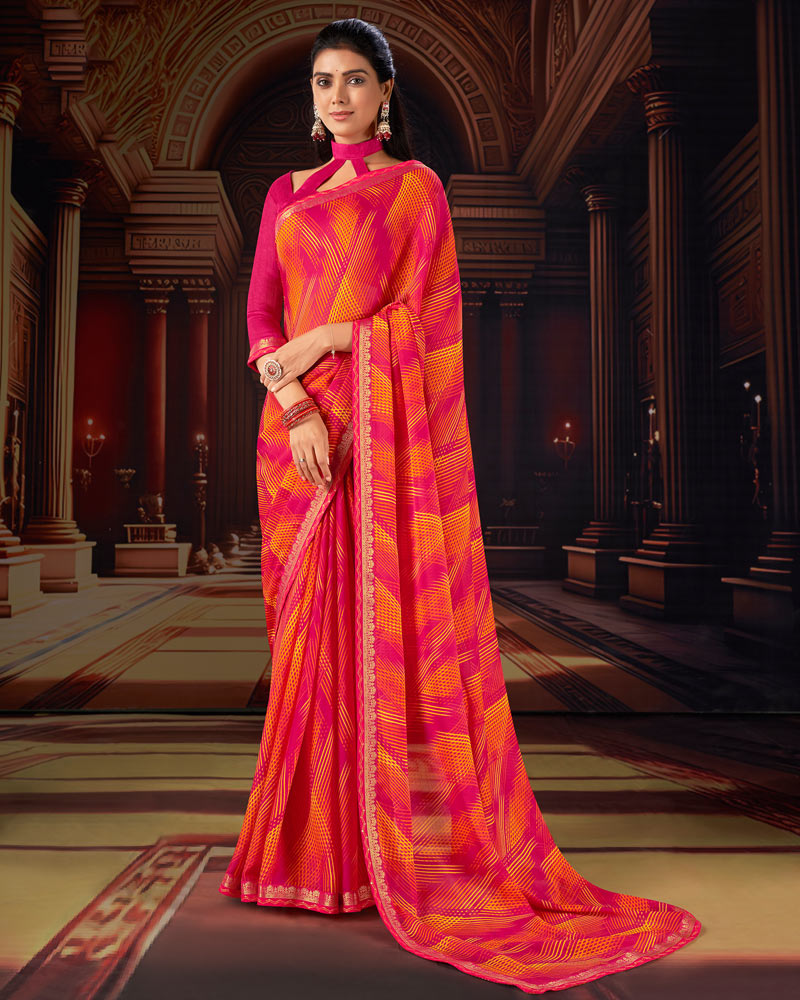 Vishal Prints Red Pink Printed Moss Chiffon Saree With Fancy Border