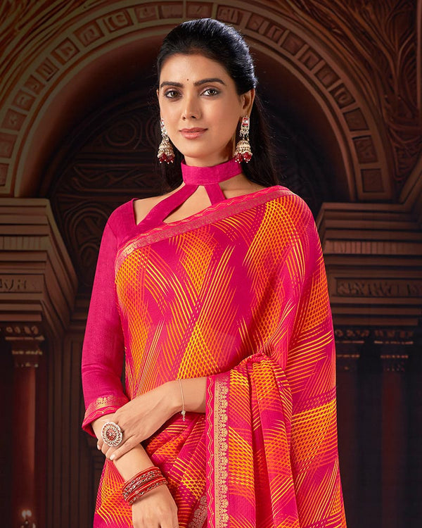 Vishal Prints Red Pink Printed Moss Chiffon Saree With Fancy Border