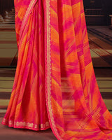Vishal Prints Red Pink Printed Moss Chiffon Saree With Fancy Border