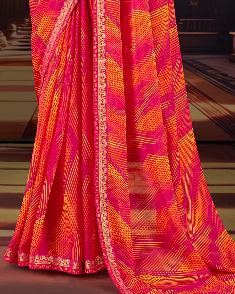 Vishal Prints Red Pink Printed Moss Chiffon Saree With Fancy Border