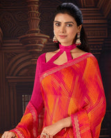 Vishal Prints Red Pink Printed Moss Chiffon Saree With Fancy Border