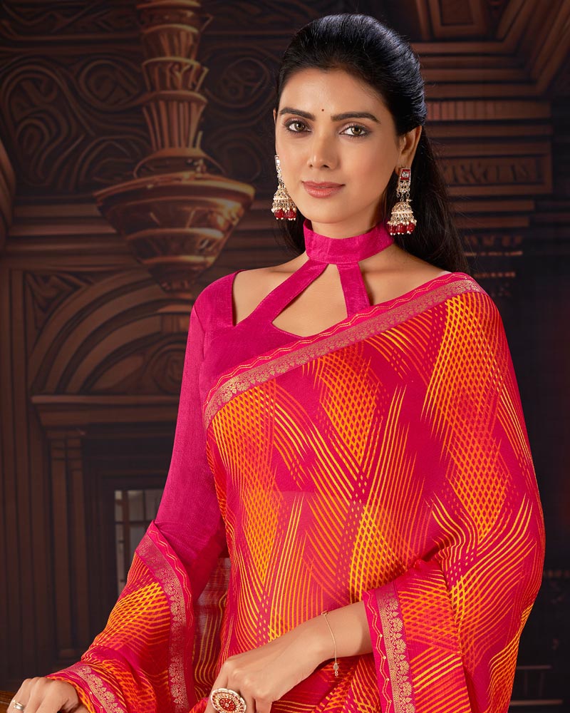 Vishal Prints Red Pink Printed Moss Chiffon Saree With Fancy Border