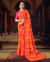 Vishal Prints Red Pink Printed Moss Chiffon Saree With Fancy Border