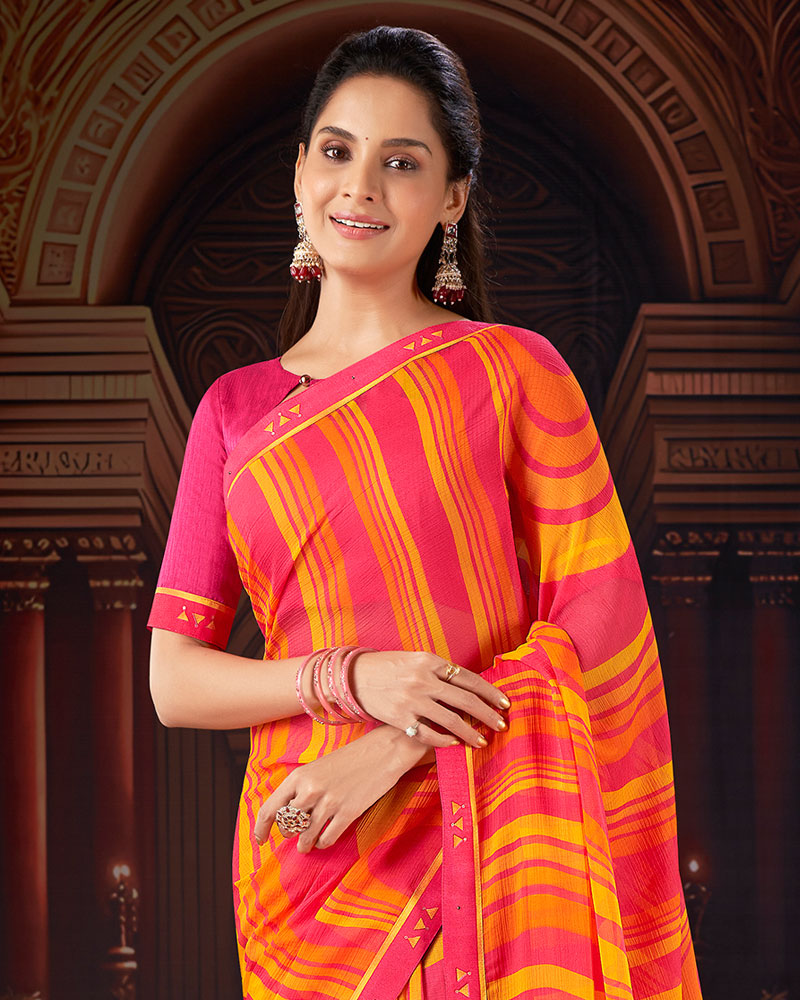 Vishal Prints Red Pink Printed Moss Chiffon Saree With Fancy Border