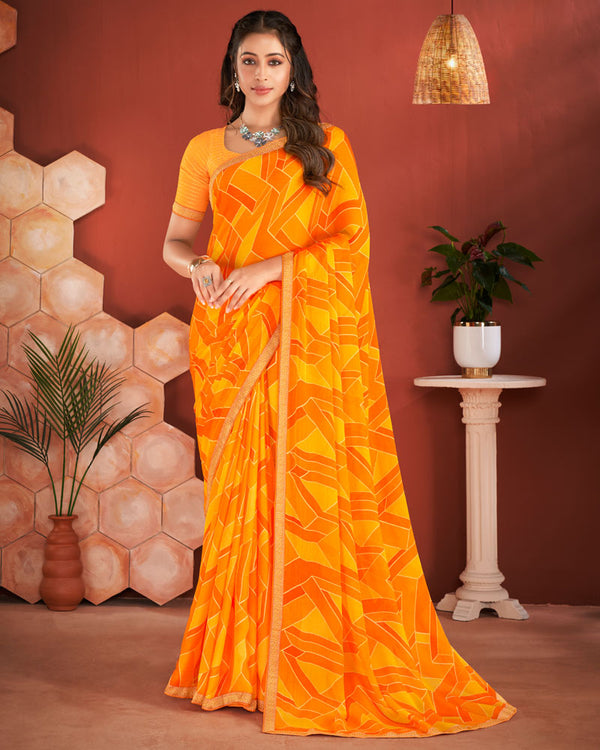 Vishal Prints Yellowish Orange Printed Chiffon Saree With Zari Border