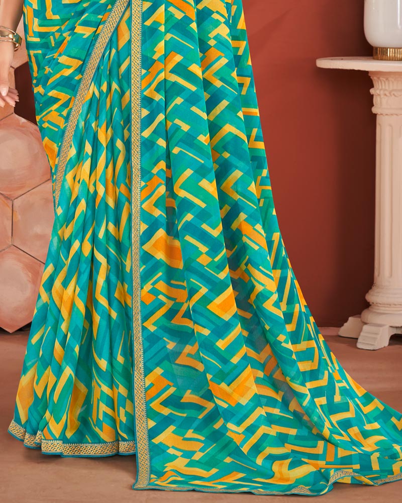 Vishal Prints Teal Blue Printed Chiffon Saree With Zari Border