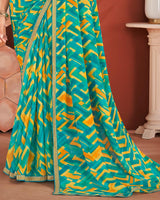 Vishal Prints Teal Blue Printed Chiffon Saree With Zari Border