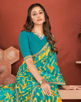 Vishal Prints Teal Blue Printed Chiffon Saree With Zari Border