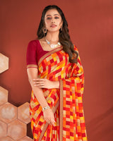 Vishal Prints Burgundy Printed Chiffon Saree With Zari Border