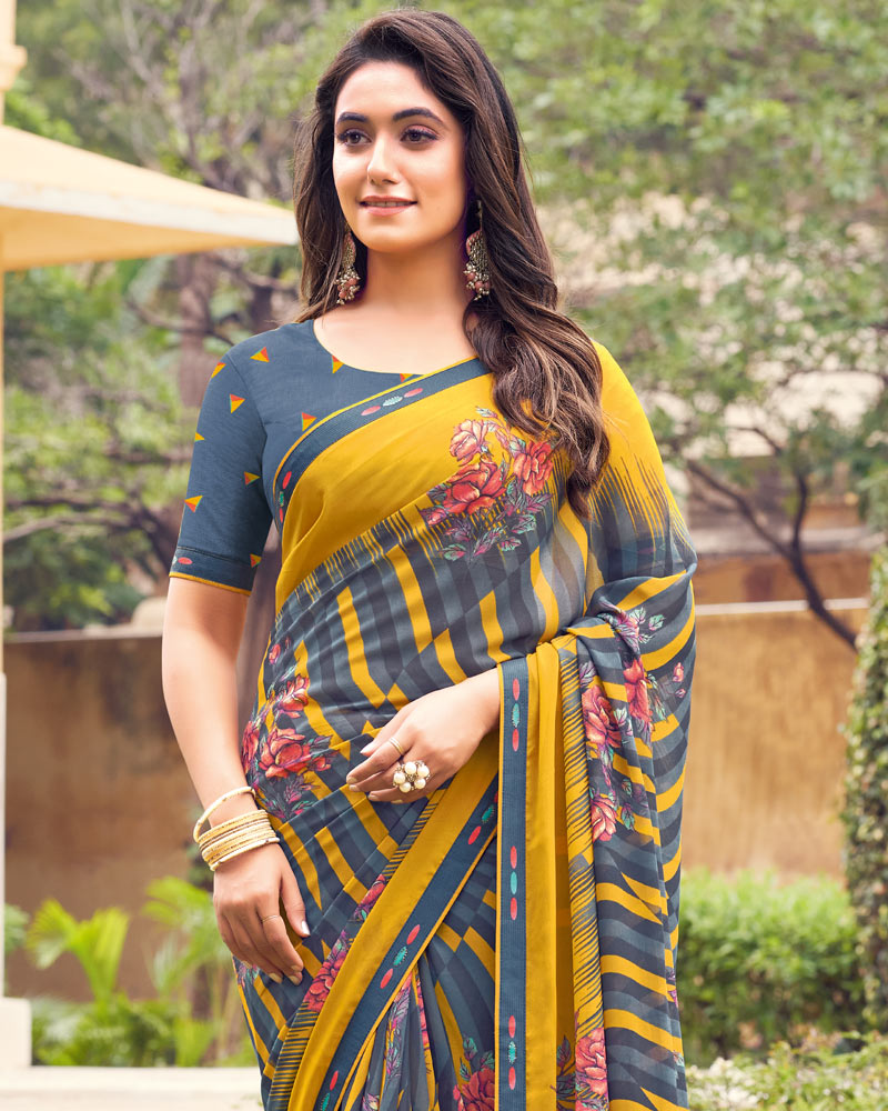 Vishal Prints Lynch Grey Printed Georgette Saree With Fancy Border