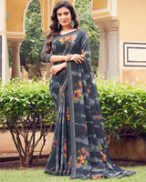 Vishal Prints Dark Grey Printed Georgette Saree With Fancy Border