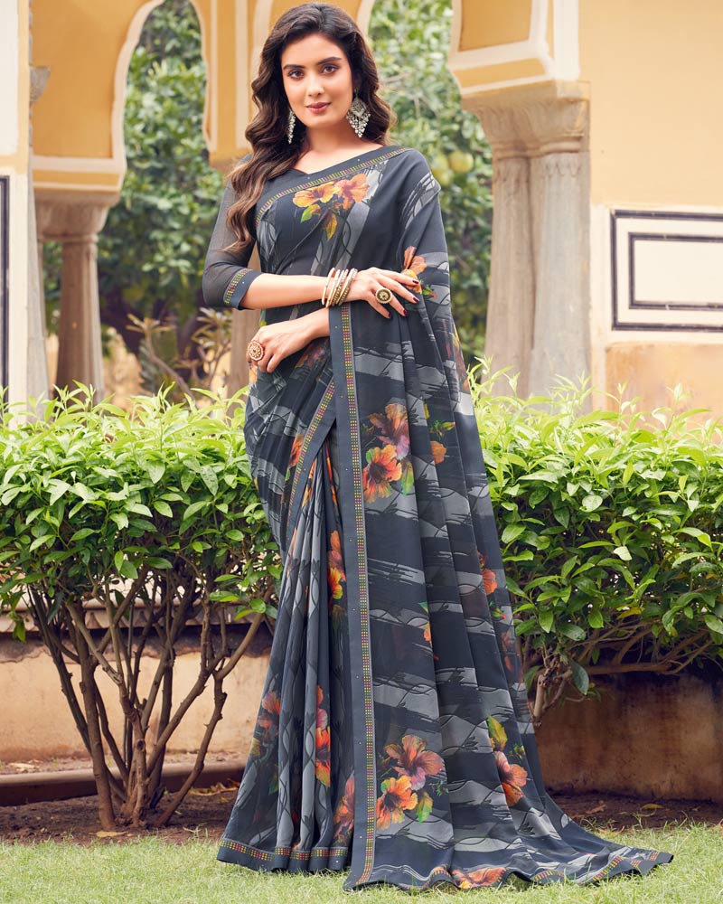 Vishal Prints Dark Grey Printed Georgette Saree With Fancy Border