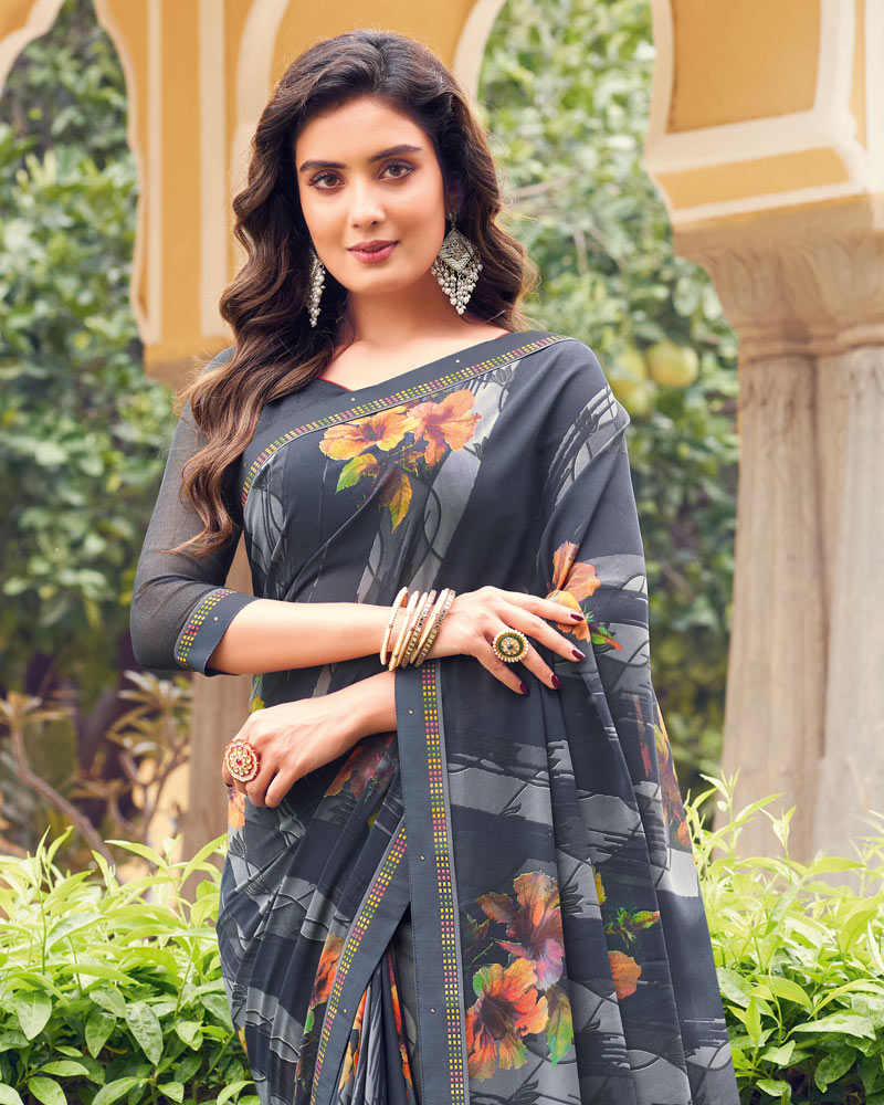 Vishal Prints Dark Grey Printed Georgette Saree With Fancy Border