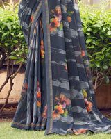 Vishal Prints Dark Grey Printed Georgette Saree With Fancy Border