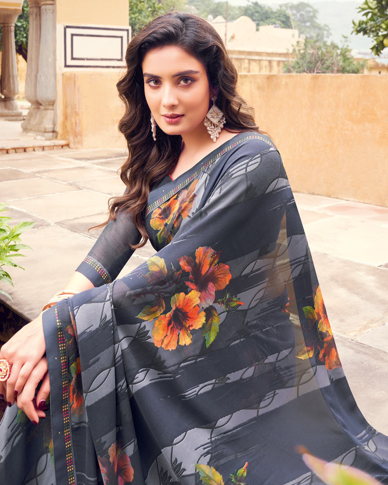 Vishal Prints Dark Grey Printed Georgette Saree With Fancy Border