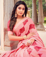 Vishal Prints Coral Pink Printed Georgette Saree With Fancy Border