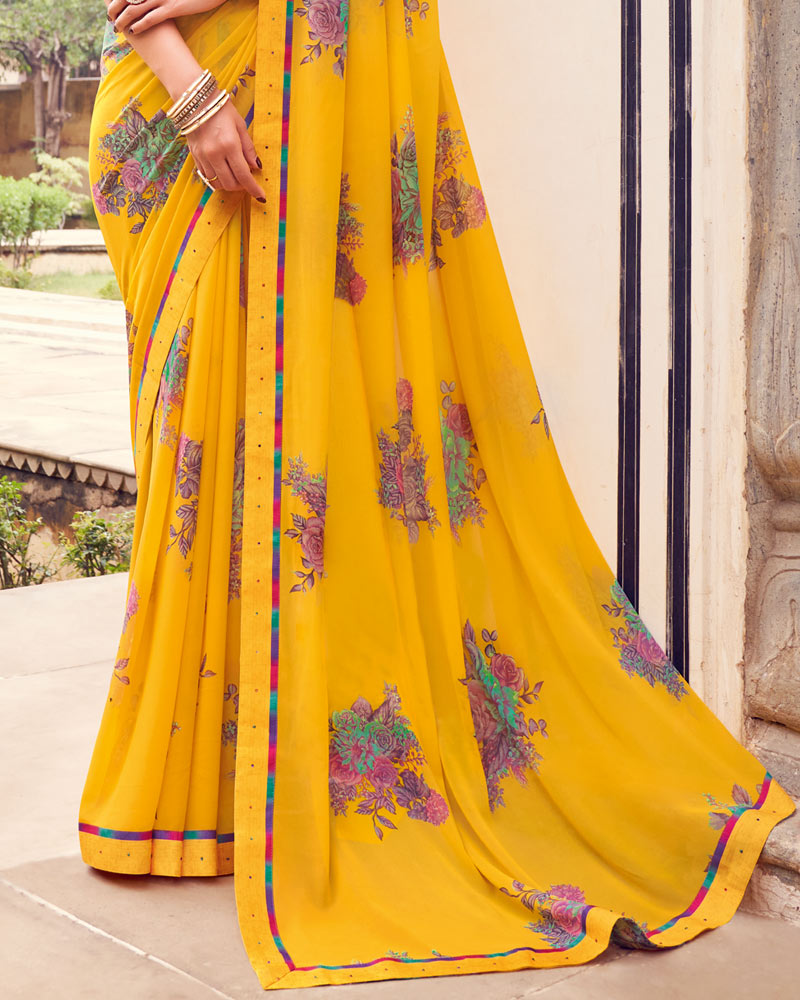 Vishal Prints Golden Yellow Printed Georgette Saree With Fancy Border