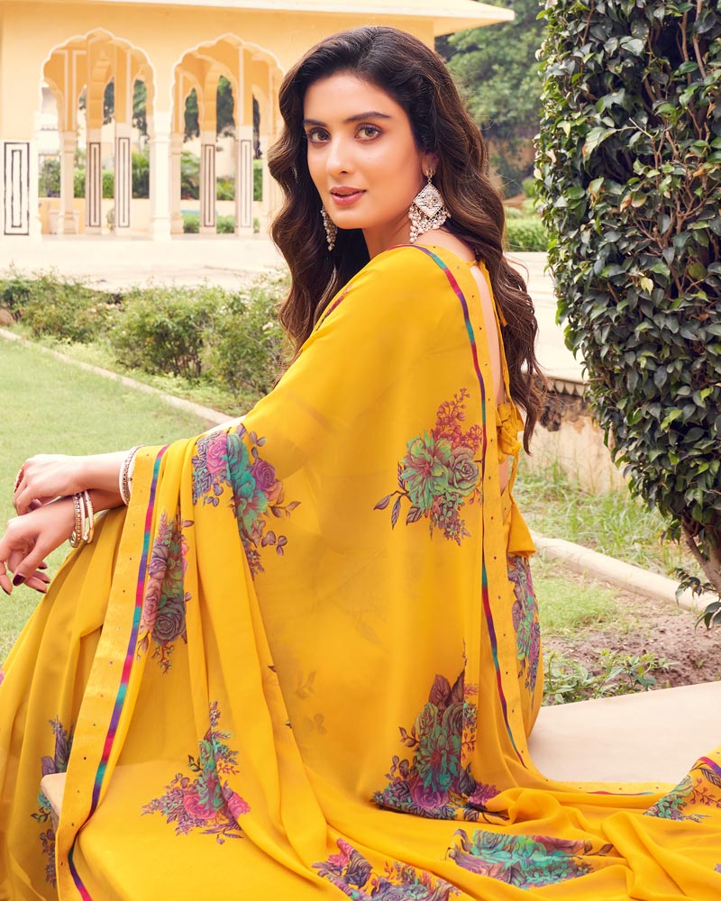 Vishal Prints Golden Yellow Printed Georgette Saree With Fancy Border