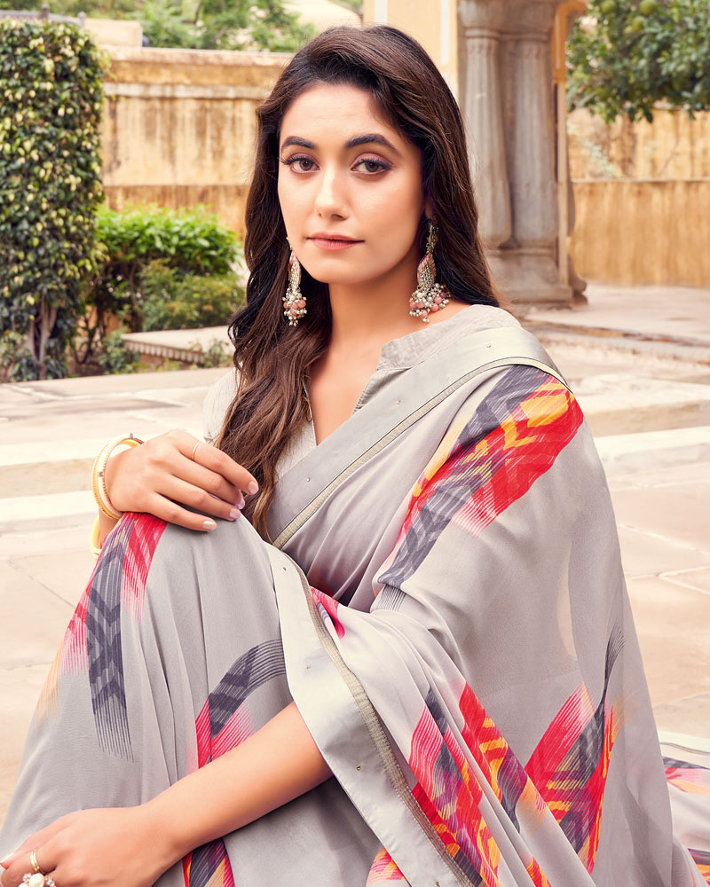 Vishal Prints Nobel Silver Printed Georgette Saree With Fancy Border