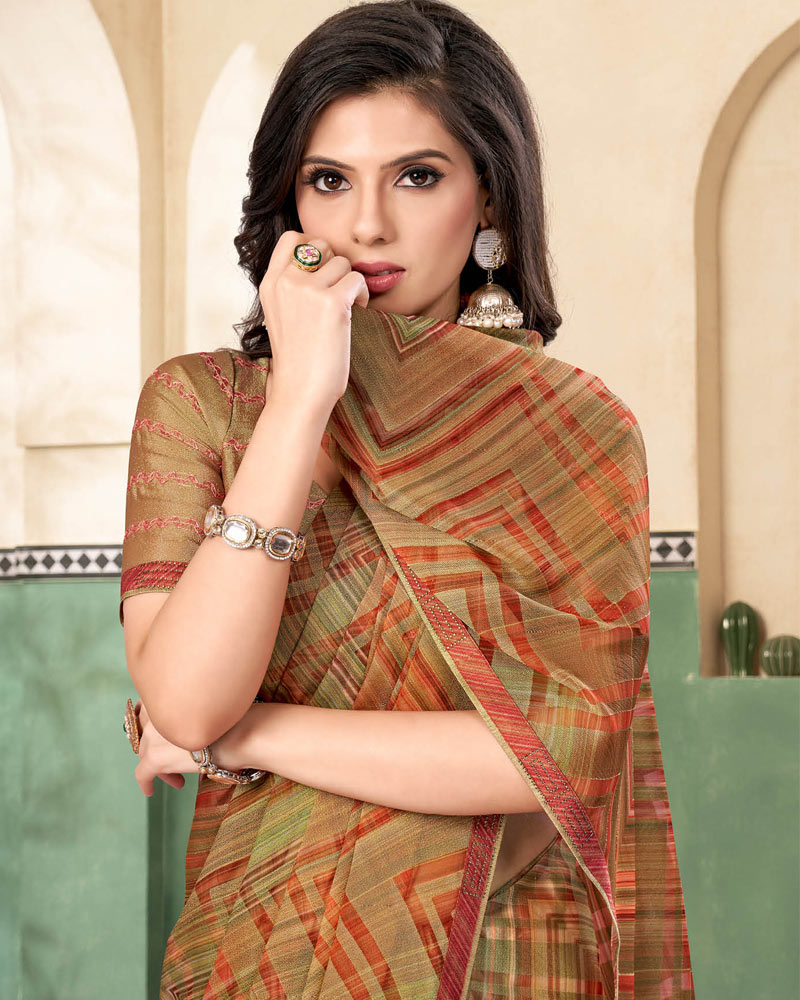 Vishal Prints Moss Green Digital Print Printed Brasso Saree With Fancy Border