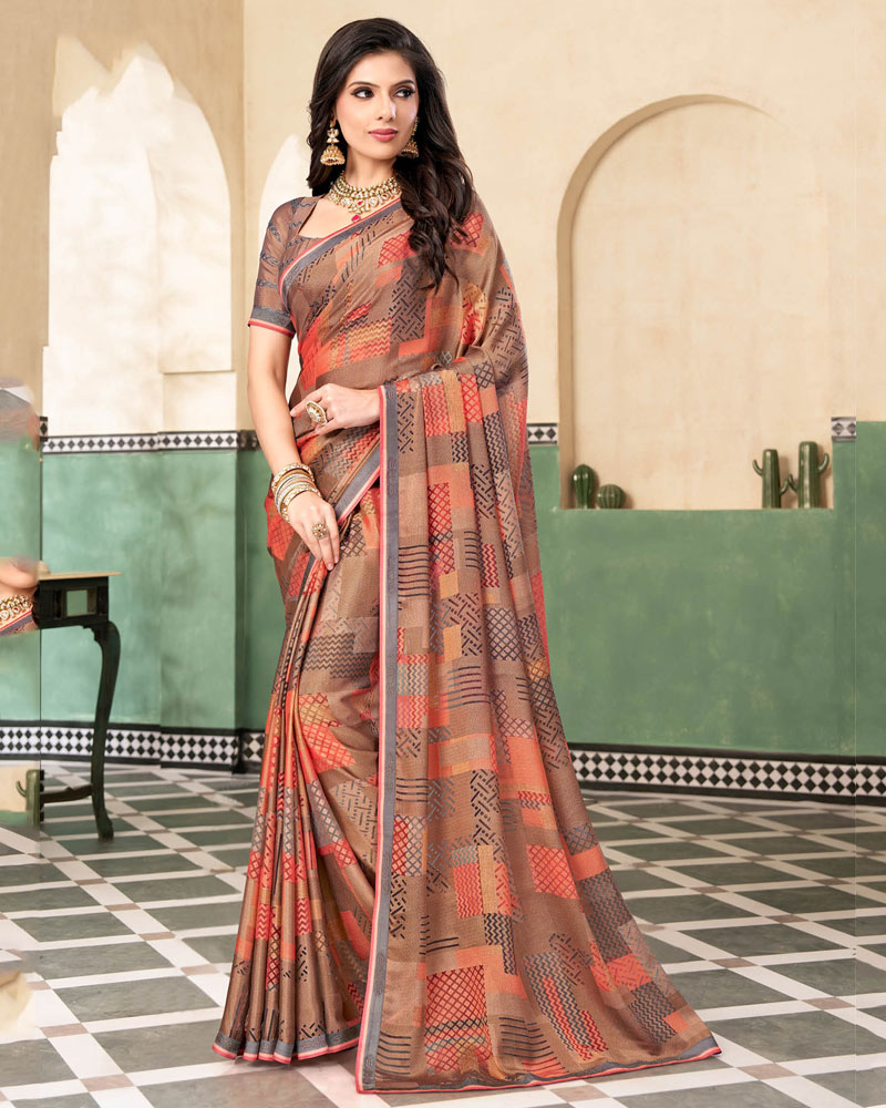 Vishal Prints Coffee Brown Digital Print Printed Brasso Saree With Fancy Border