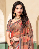 Vishal Prints Coffee Brown Digital Print Printed Brasso Saree With Fancy Border