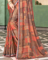 Vishal Prints Coffee Brown Digital Print Printed Brasso Saree With Fancy Border