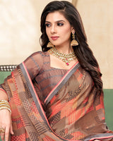 Vishal Prints Coffee Brown Digital Print Printed Brasso Saree With Fancy Border