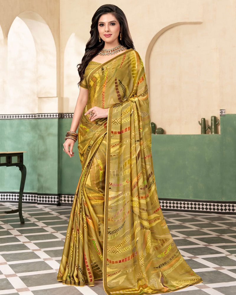 Vishal Prints Dark Mustard Digital Print Printed Brasso Saree With Fancy Border