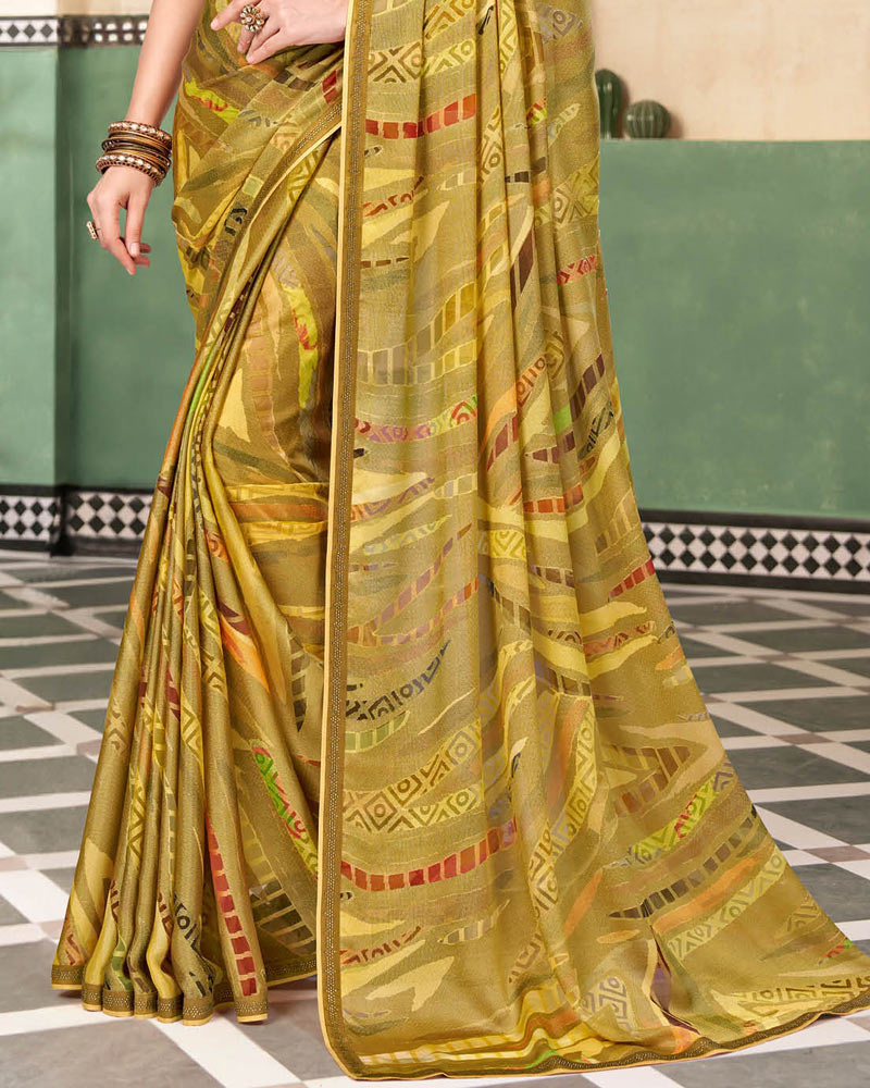 Vishal Prints Dark Mustard Digital Print Printed Brasso Saree With Fancy Border