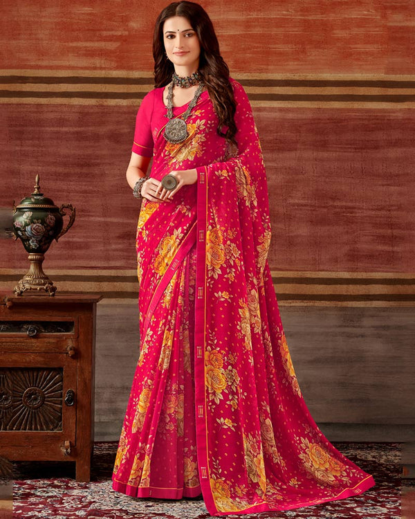 Vishal Prints Red Pink Printed Georgette Saree With Fancy Border