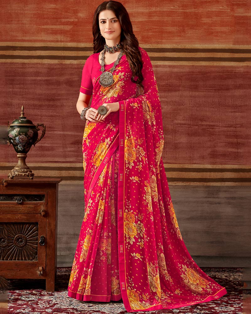 Vishal Prints Red Pink Printed Georgette Saree With Fancy Border