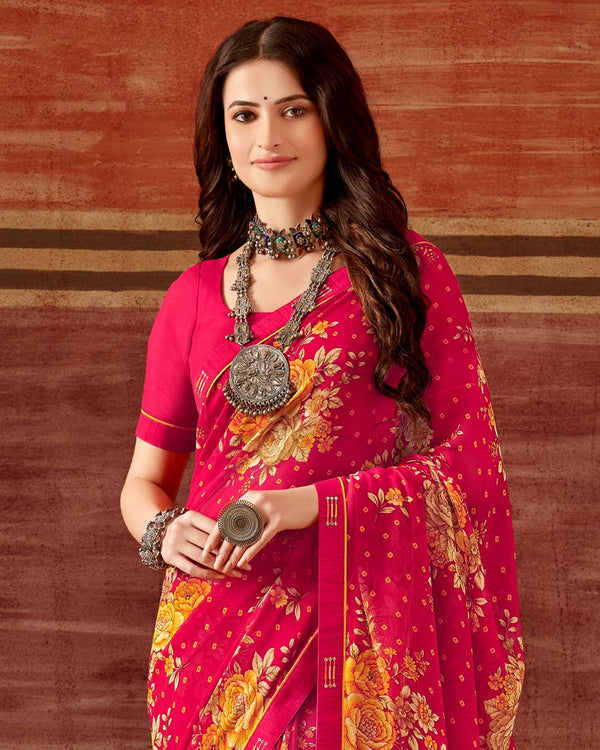 Vishal Prints Red Pink Printed Georgette Saree With Fancy Border