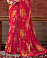 Vishal Prints Red Pink Printed Georgette Saree With Fancy Border