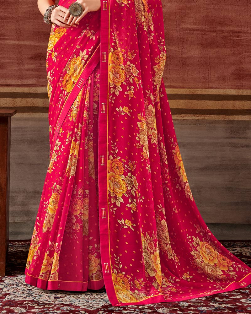 Vishal Prints Red Pink Printed Georgette Saree With Fancy Border