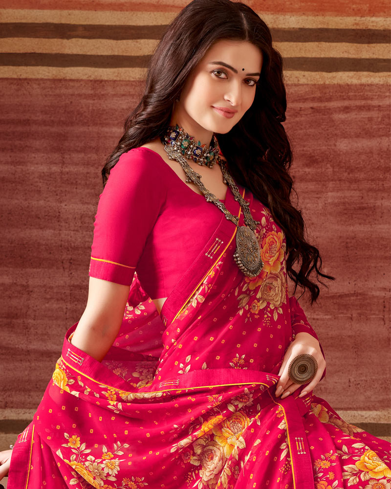 Vishal Prints Red Pink Printed Georgette Saree With Fancy Border
