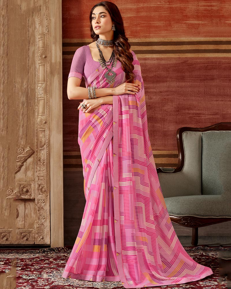 Vishal Prints Baby Pink Printed Georgette Saree With Fancy Border