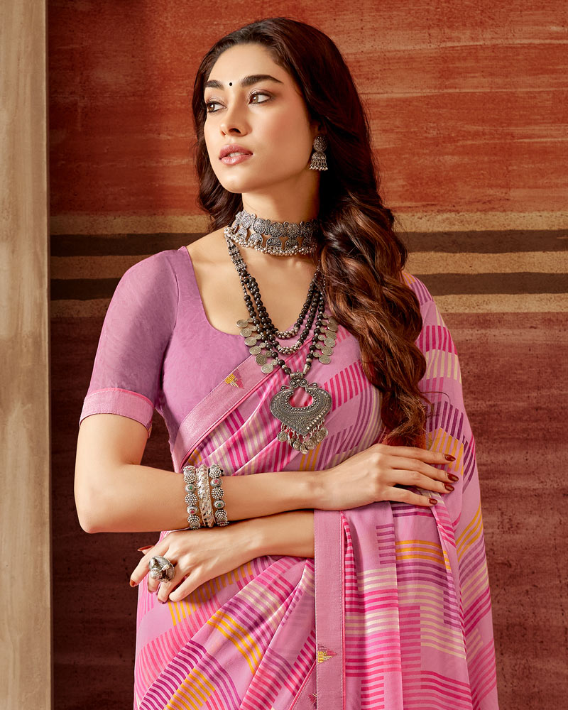 Vishal Prints Baby Pink Printed Georgette Saree With Fancy Border