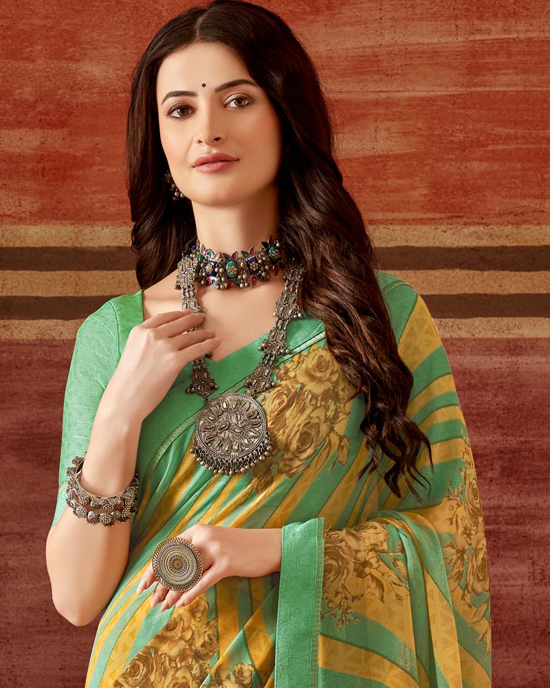 Vishal Prints Dark Mint Green Printed Georgette Saree With Fancy Border