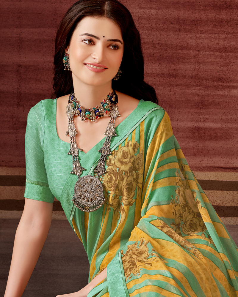 Vishal Prints Dark Mint Green Printed Georgette Saree With Fancy Border